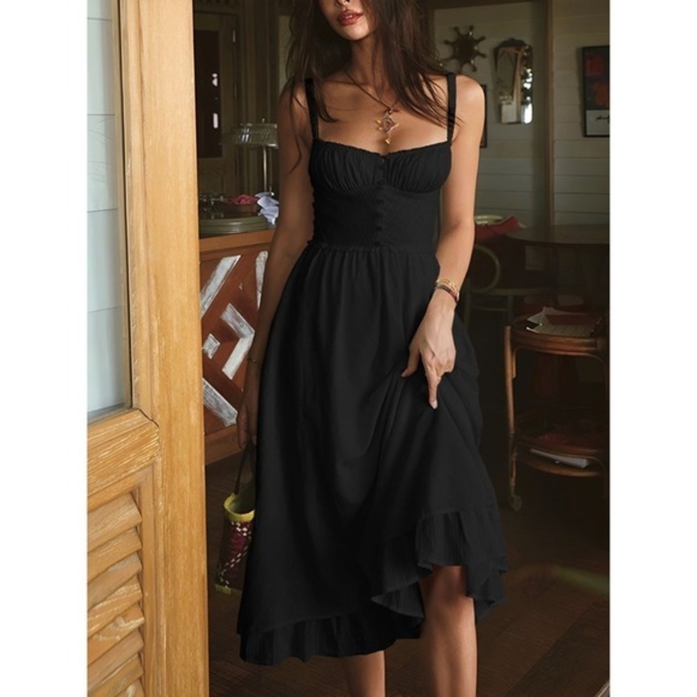 Commense Black Midi Dress Cottagecore‎ Ruffle Hem Button Front Sundress Summer